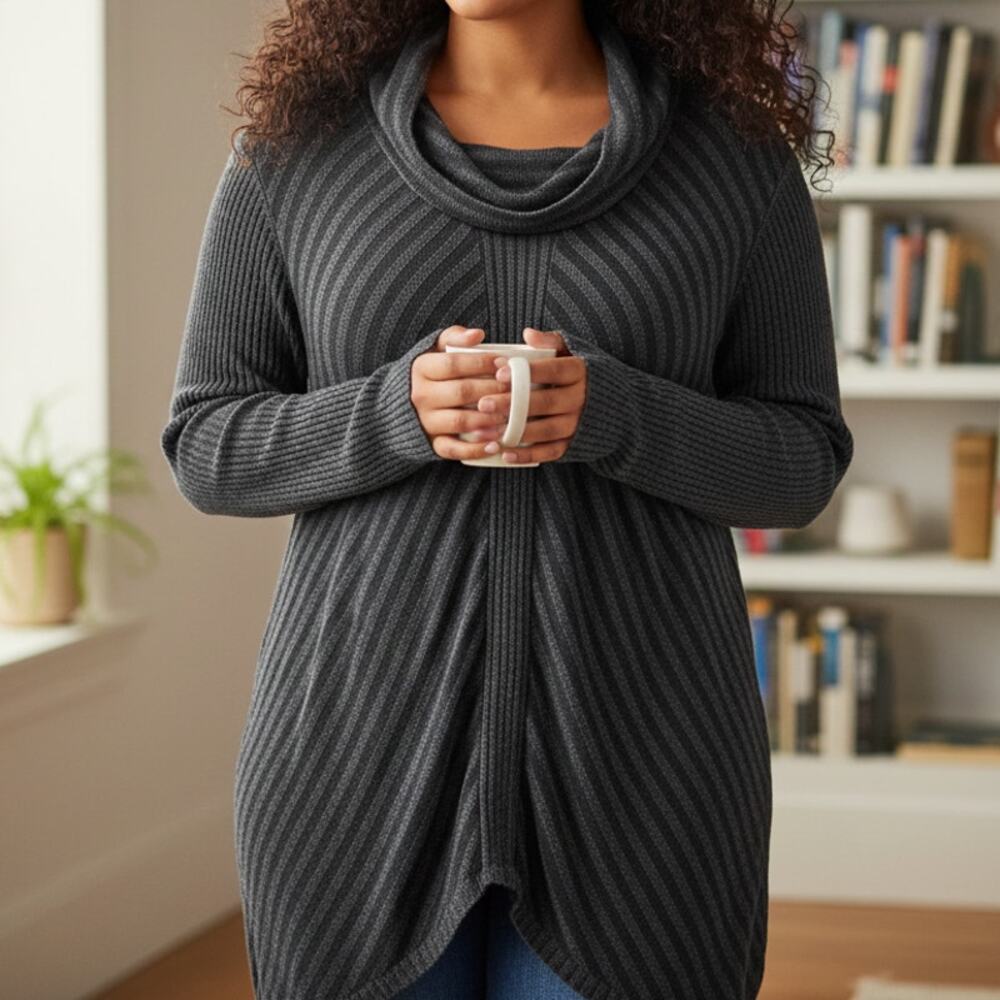 Eileen fisher striped knit cowl-neck tunic sweater lagenlook soft viscose 3X